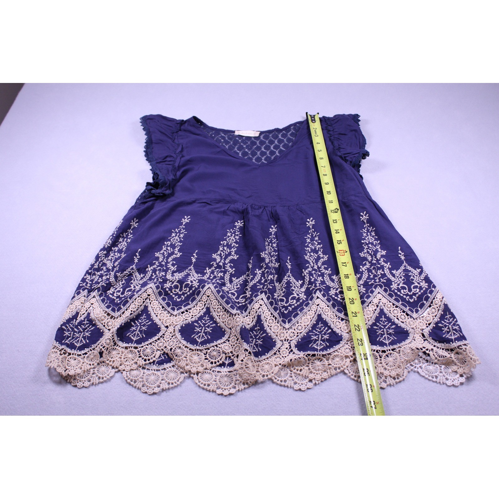 Altar’d State Navy Blue Embroidered Lace Crochet Boho Flutter Sleeve Top Large