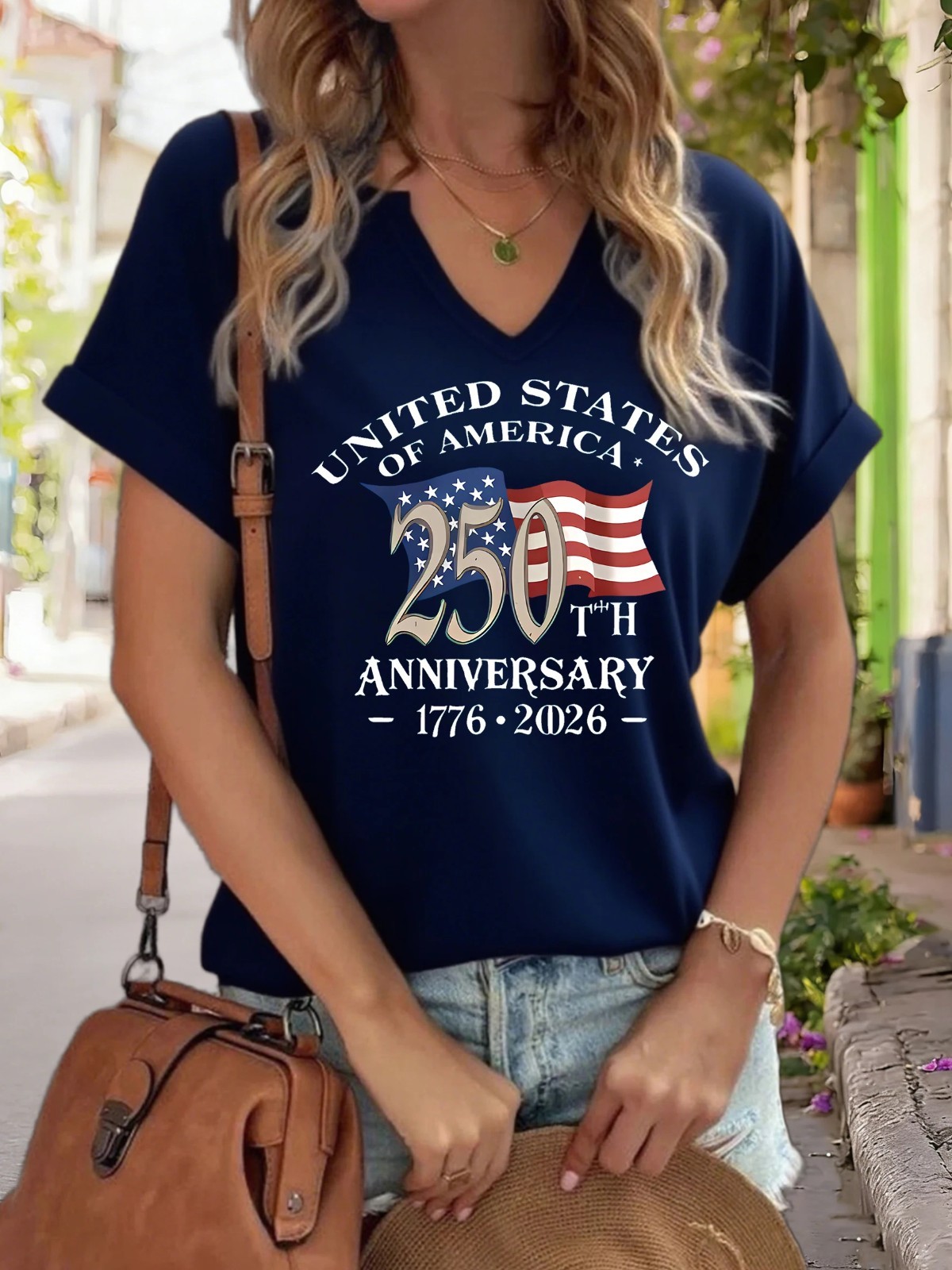 Women’s V-Neck “USA 250th Anniversary 1776-2026” Graphic Tee, American Flag Prin