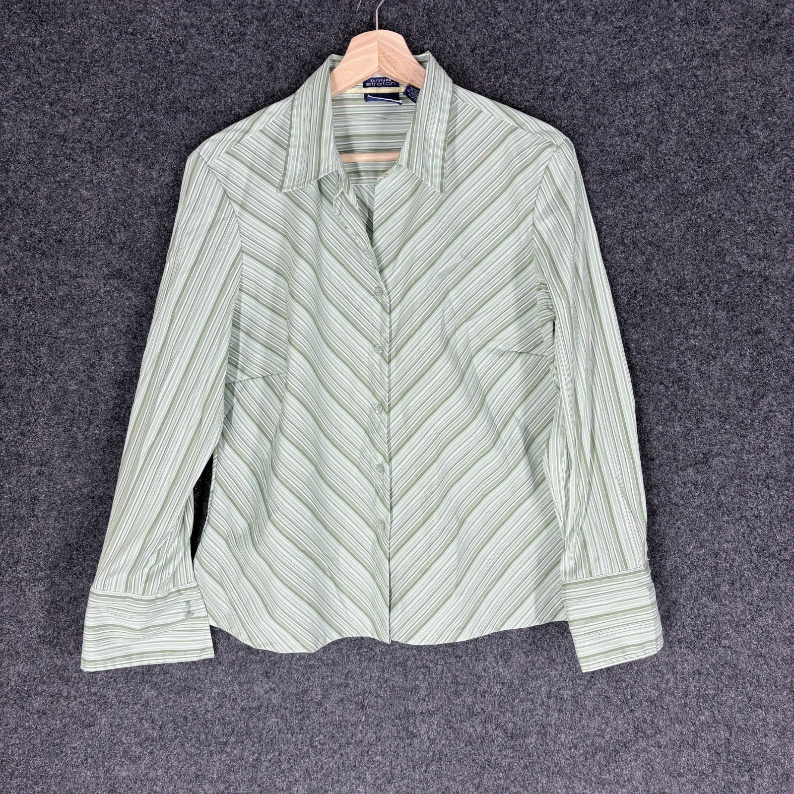 DCC Shirt Women L Green Striped Button Up Collared Long Sleeve Stretch Top