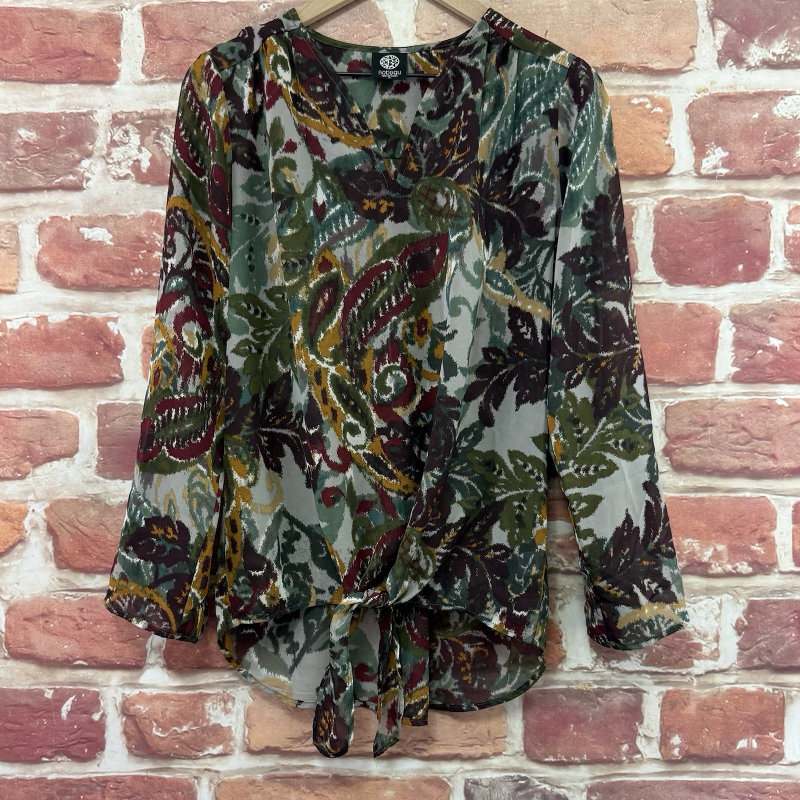 Bobeau Top Womens Medium Multicolor Boho Floral Tie Waist Sheer Casual Shirt