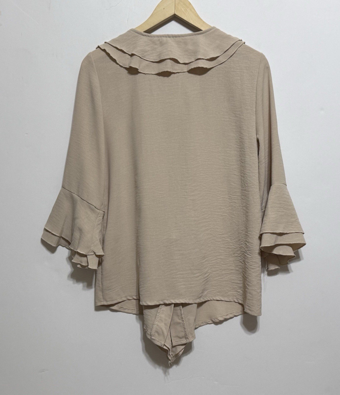 Beige Cream V-Neck Cascading Ruffle Front Blouse, Size Med, Flounce Sleeves