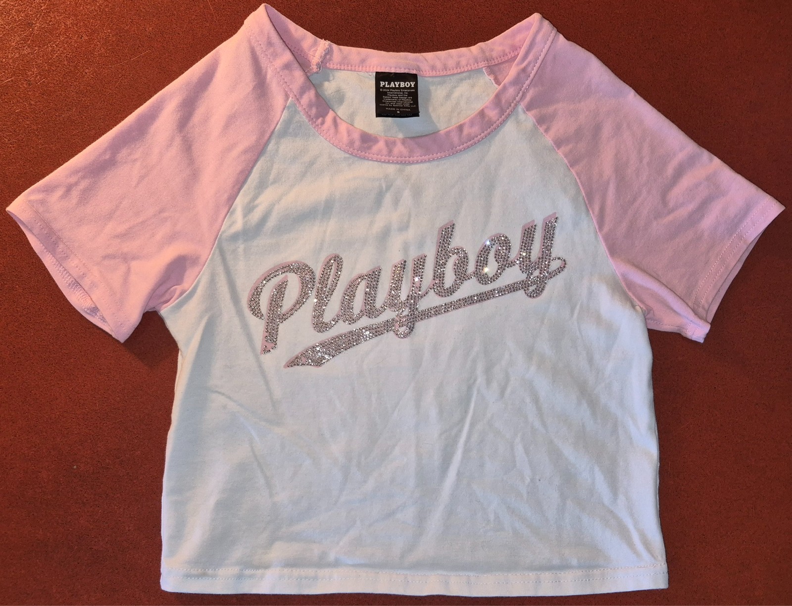 Playboy Logo Rhinestones Raglan Crop Top Baby Tee Womens Small Pink White Top