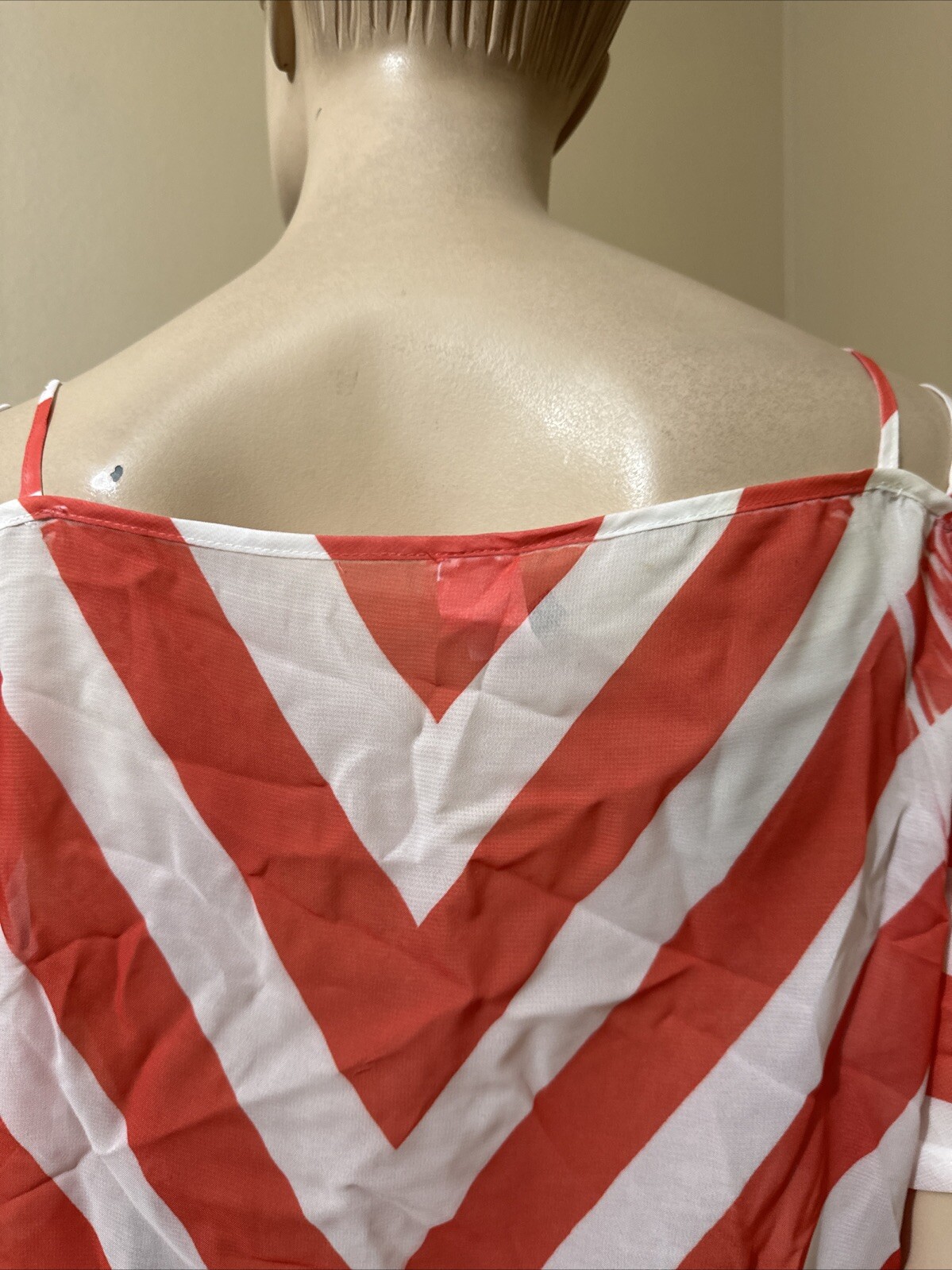Women’s White Red Striped Polyester Casual Summer Open Elastic Waist Size L Top