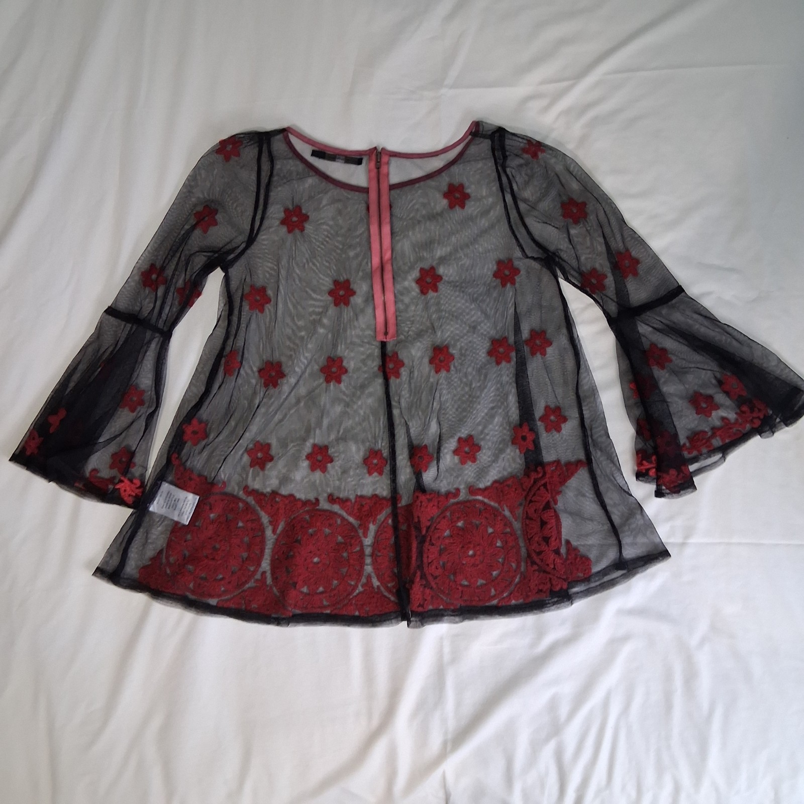 Anthropologie Hazel Sheer Mesh Embroidered Bell Sleeve Gothic Whimsigoth Blouse