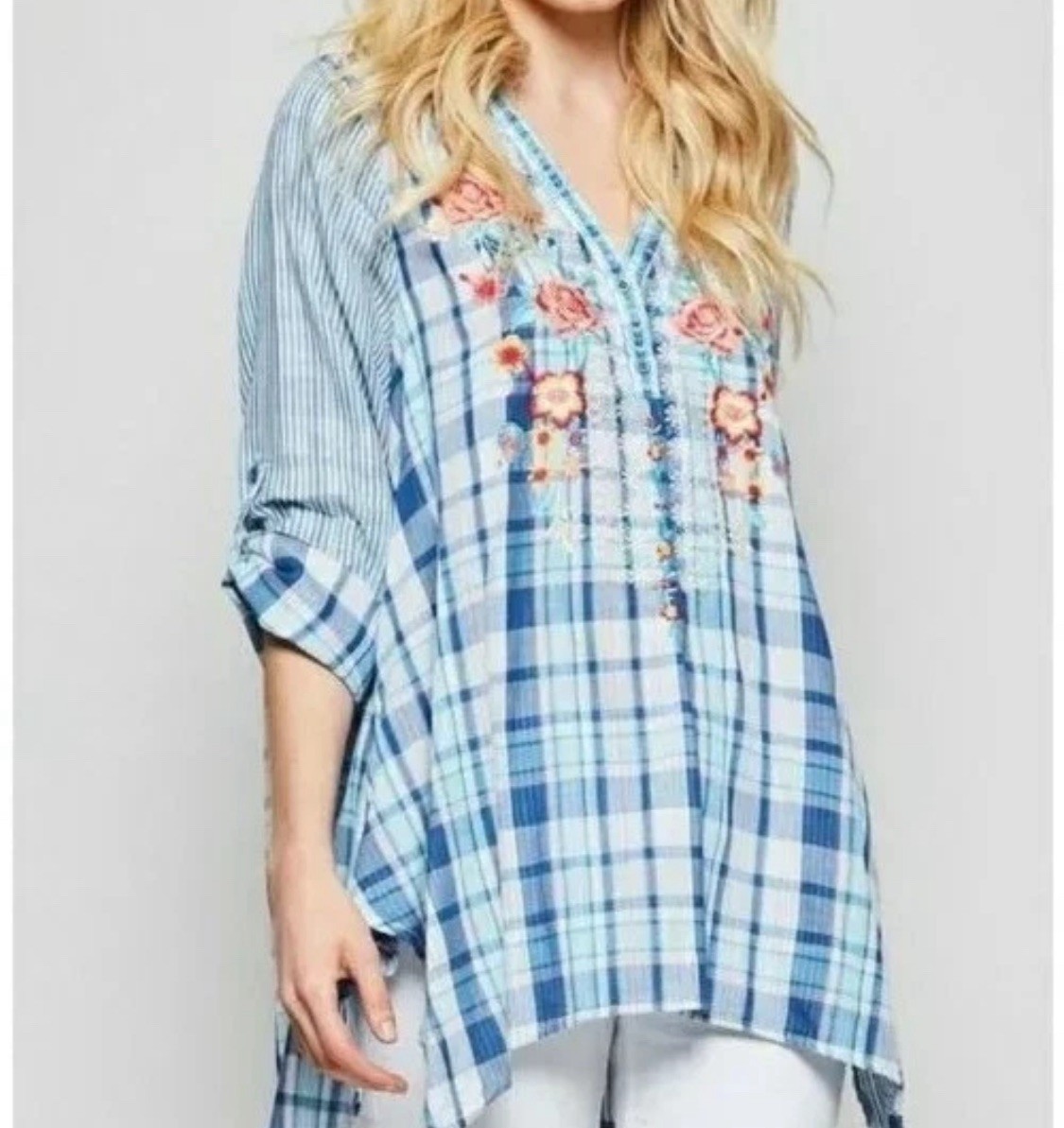 Angel Heart Boutique Embroidered Top Plaid Boho, Vacation Laganlook 2XL
