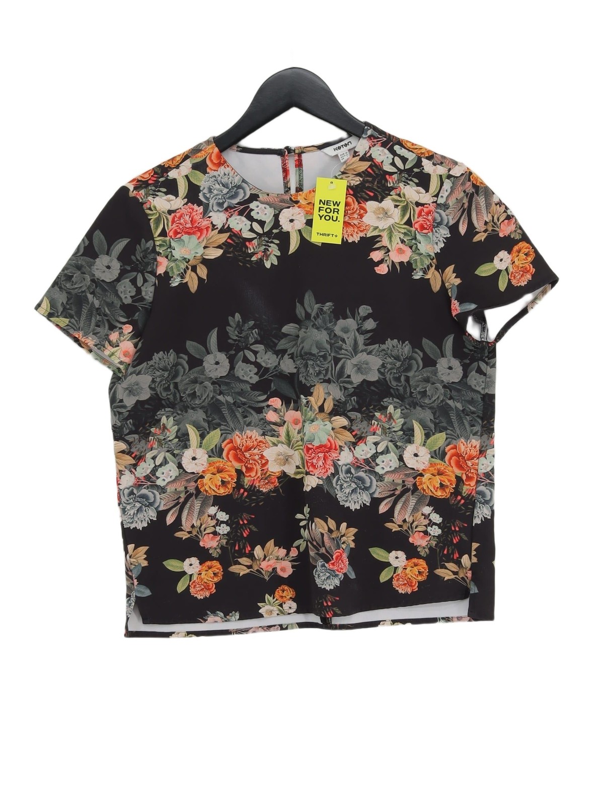 Koton Women’s Top UK 8 Black Floral 100% Polyester Short Sleeve Round Neck Basic