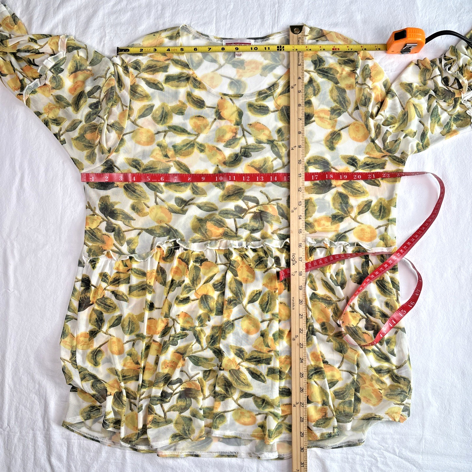 mishca Lemon Print Mesh Bell Sleeve Round Neck Pull Over Baby Doll Top Size XL