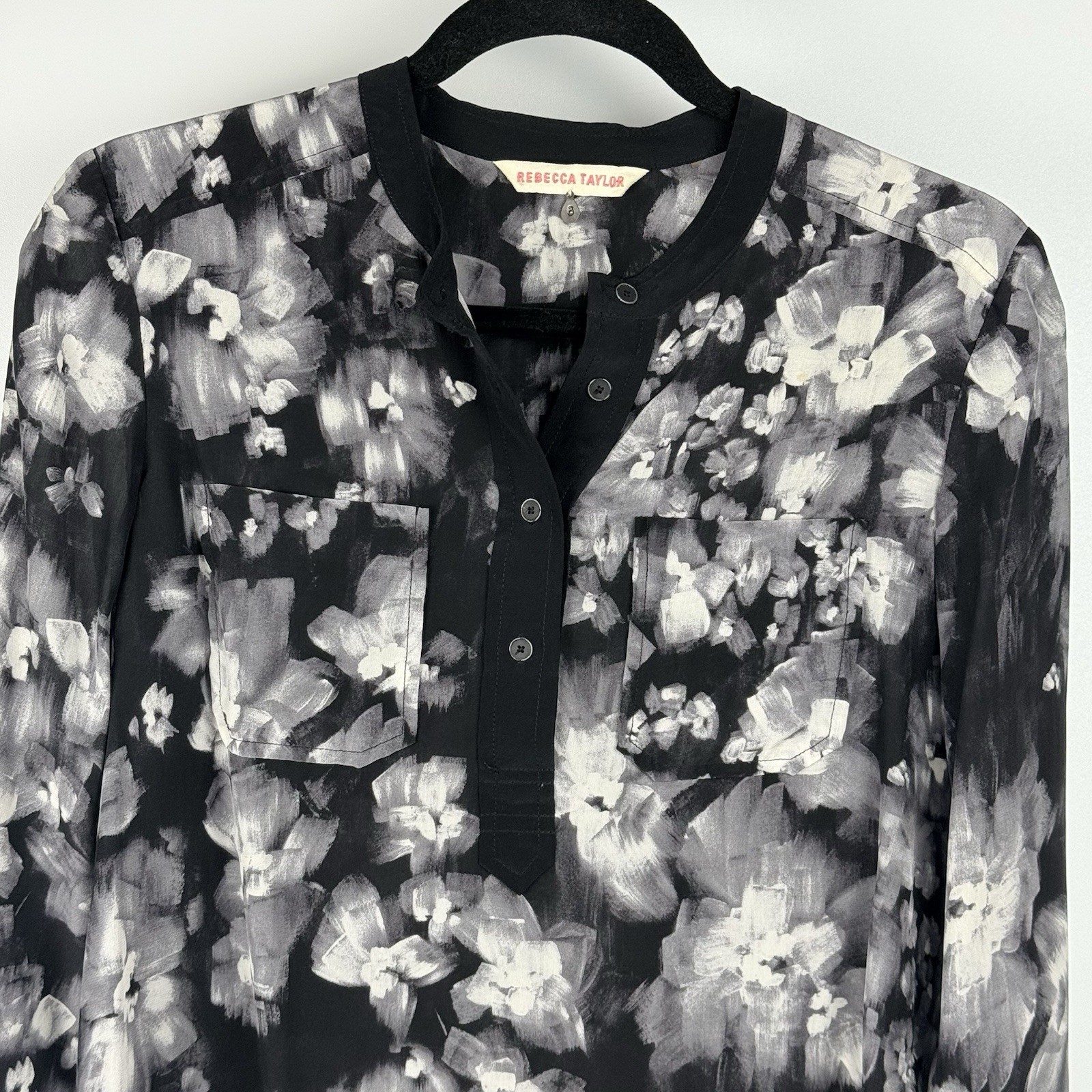 Rebecca Taylor Silk Popover Top 6 Black Floral Henley Button Blouse Whimsigoth