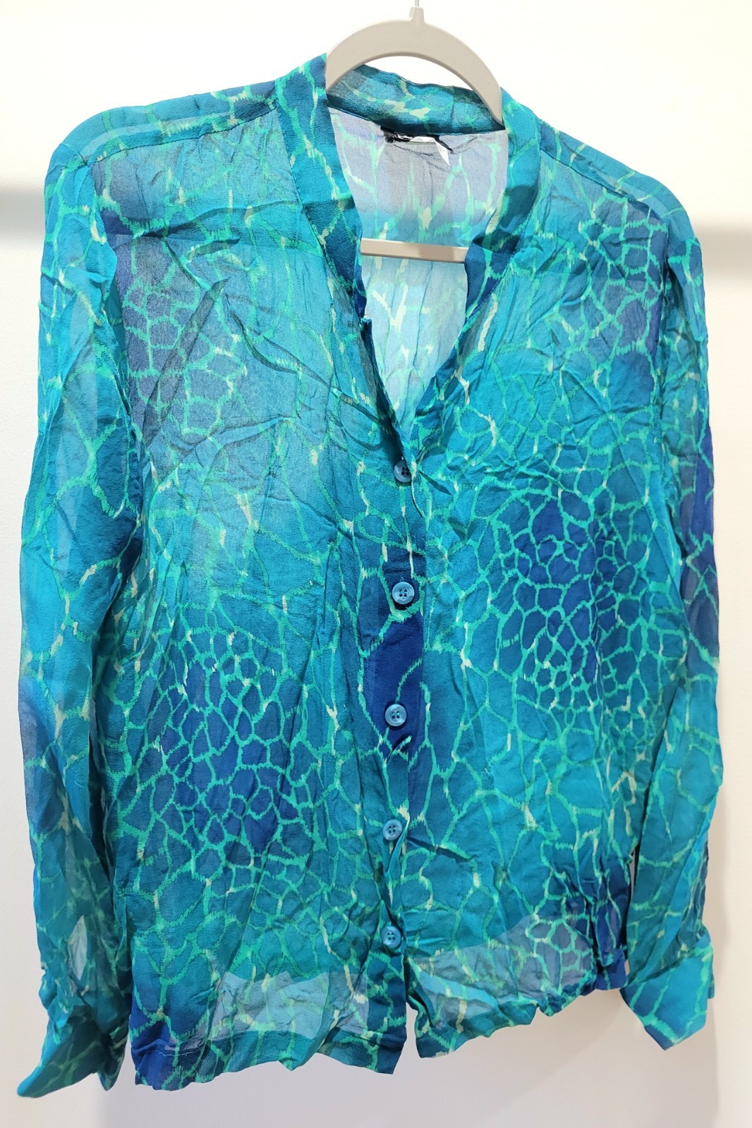 100% SILK Russell Scott Signature Sheer Button Down Blouse Water Print Blue 14
