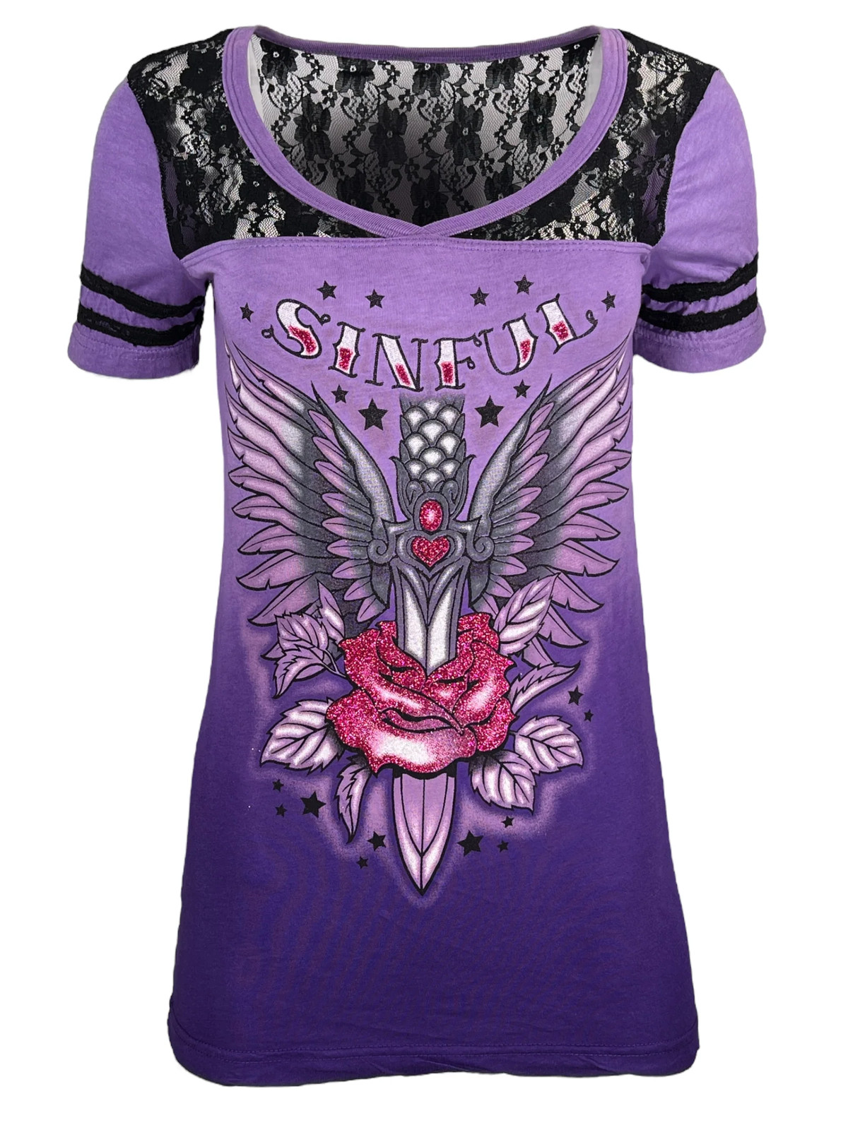 Sinful By Affliction Women’s T-shirt Marisol Biker Tattoo