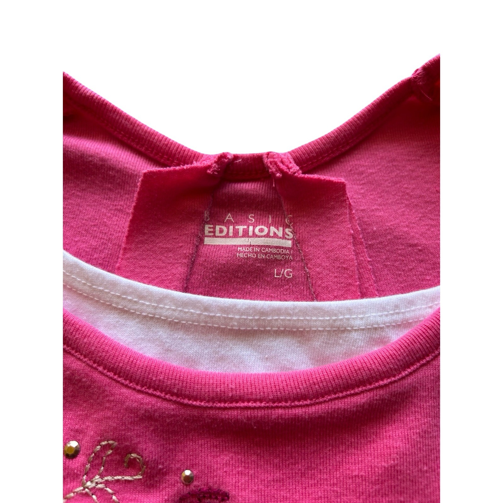 Basic Editions Pink Butterfly Floral Rhinestone Embroidered Top Y2K Womens L