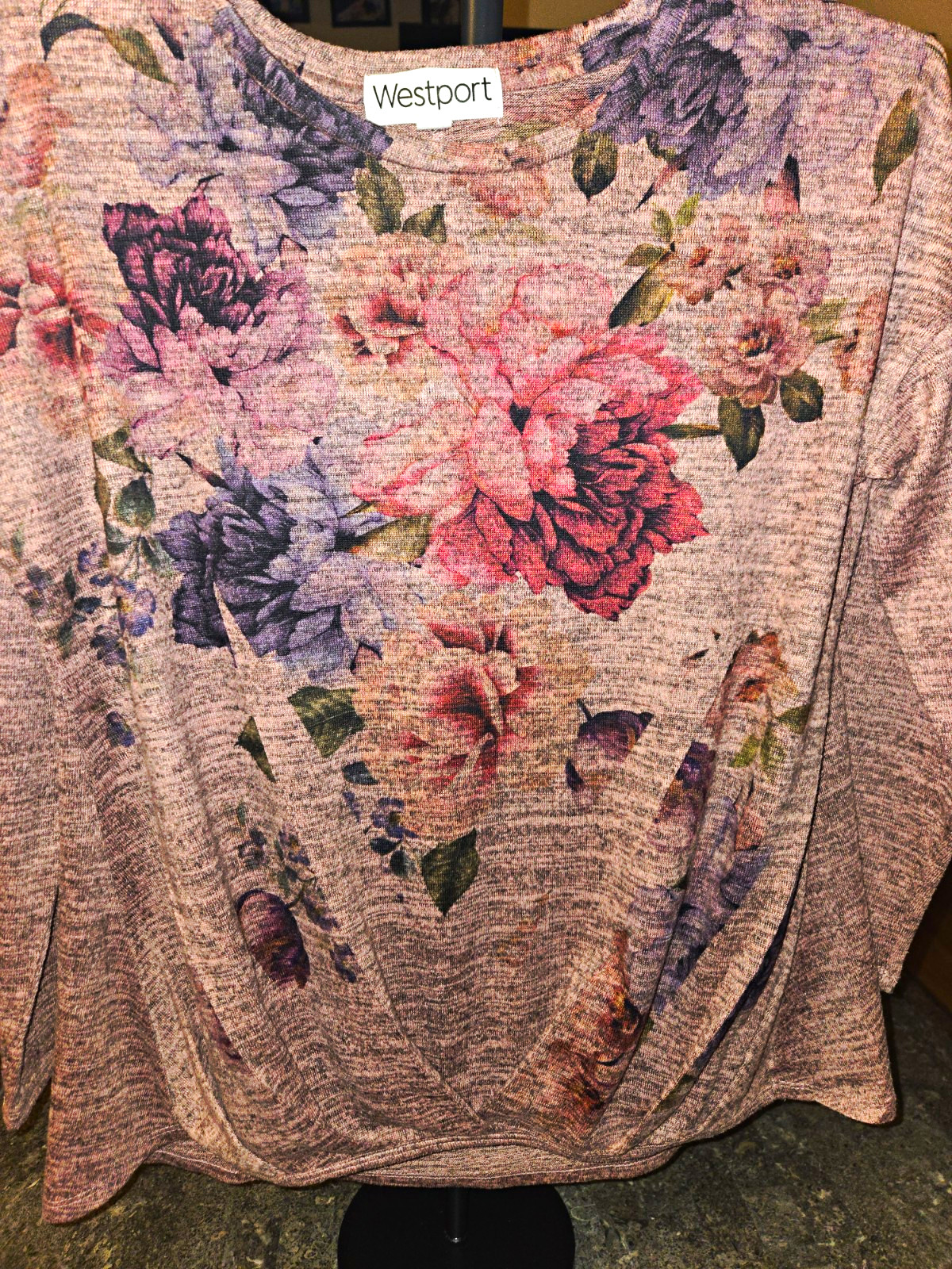 Westport M Pink/Purple/Green Floral Knit Crew Neck 3/4 Sleeve Pullover Top