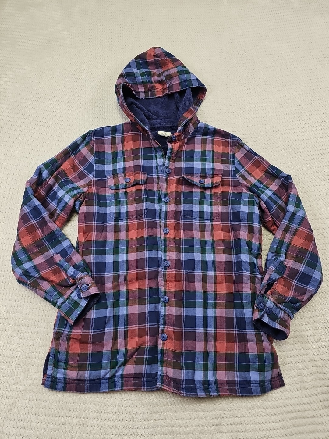 LL Bean Shirt Womens Medium Fleece Lined Hooded Button Up Plaid Pockets