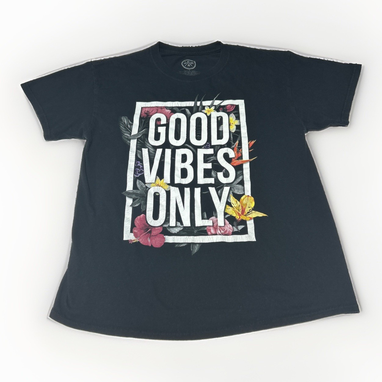DOM Women’s Good Vibes Only Graphic T-Shirt Size Large Black Floral Cotton Tee