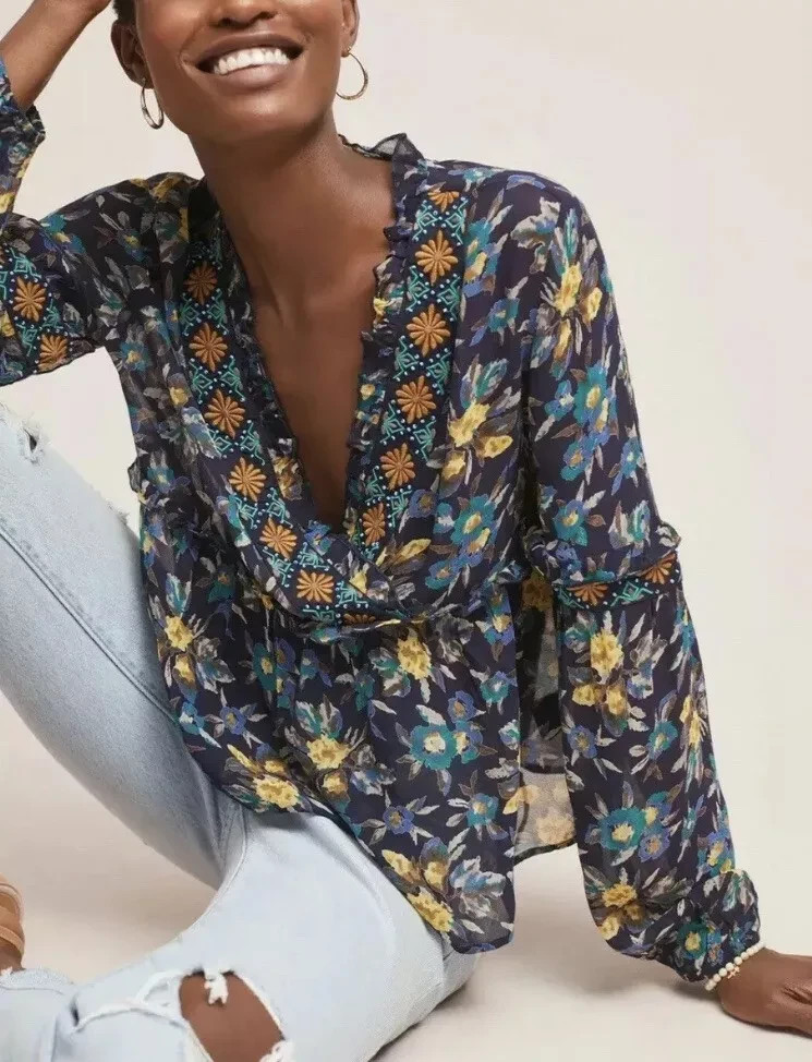 Anthropologie Meadow Rue Blouse XS Blue Floral Strasser Beaded Embroidered New