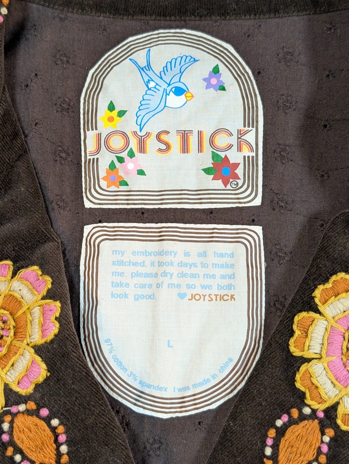Johnny Was Joystick Large Embroidered Sunflower Corderoy Jacket Lined