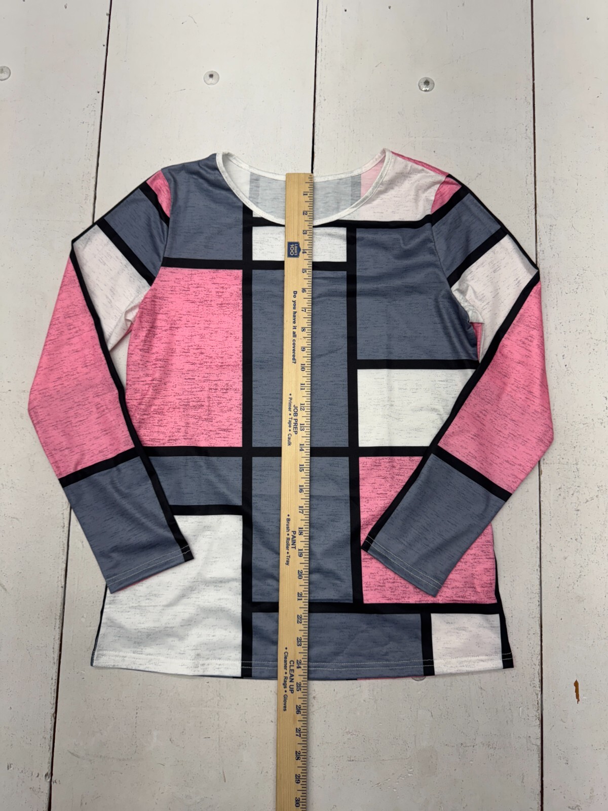 Shein Pink Gray White Geometric Print Long Sleeve Shirt Womens Size Small