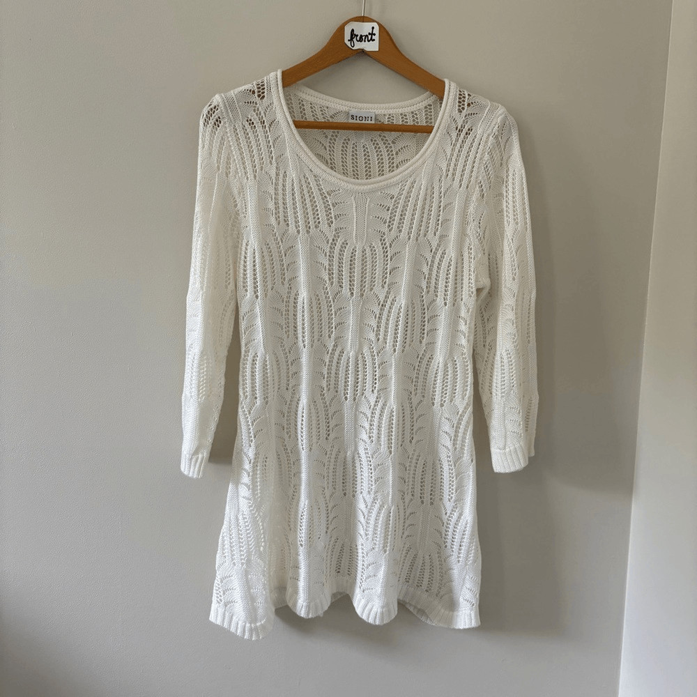 SIONI Studio M Cream Open Knit Sweater Tunic Blouse Boho Preppy Retro Coastal