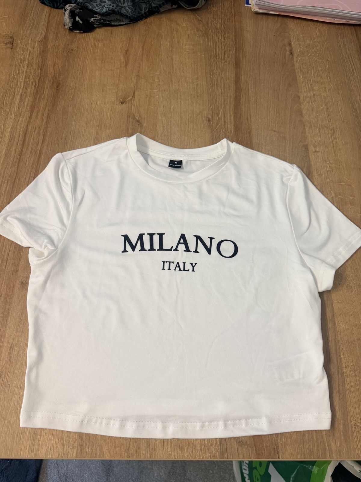 Women’s Size M White Milano Italy Logo Jersey T-Shirt SS Crew Neck Stretch