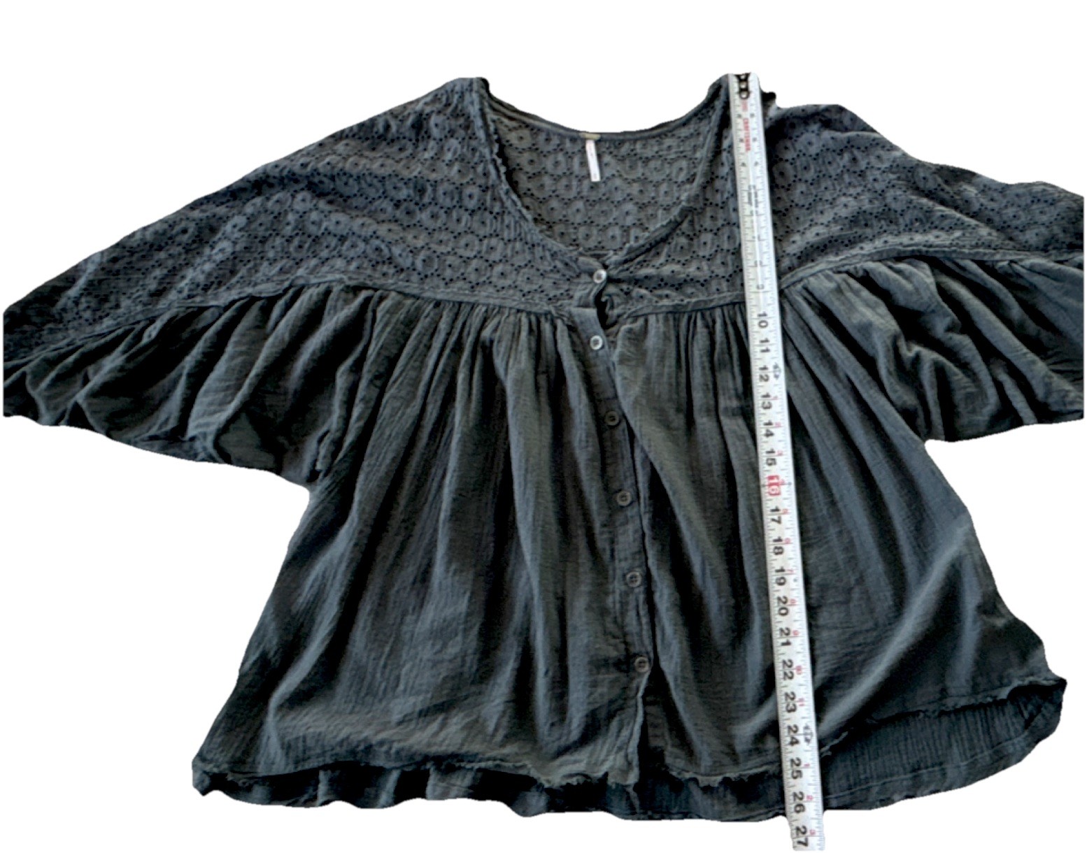 Free People Dark Teal Eyelet Balloon Sleeve Button Front Ruffle Blouse Size Med