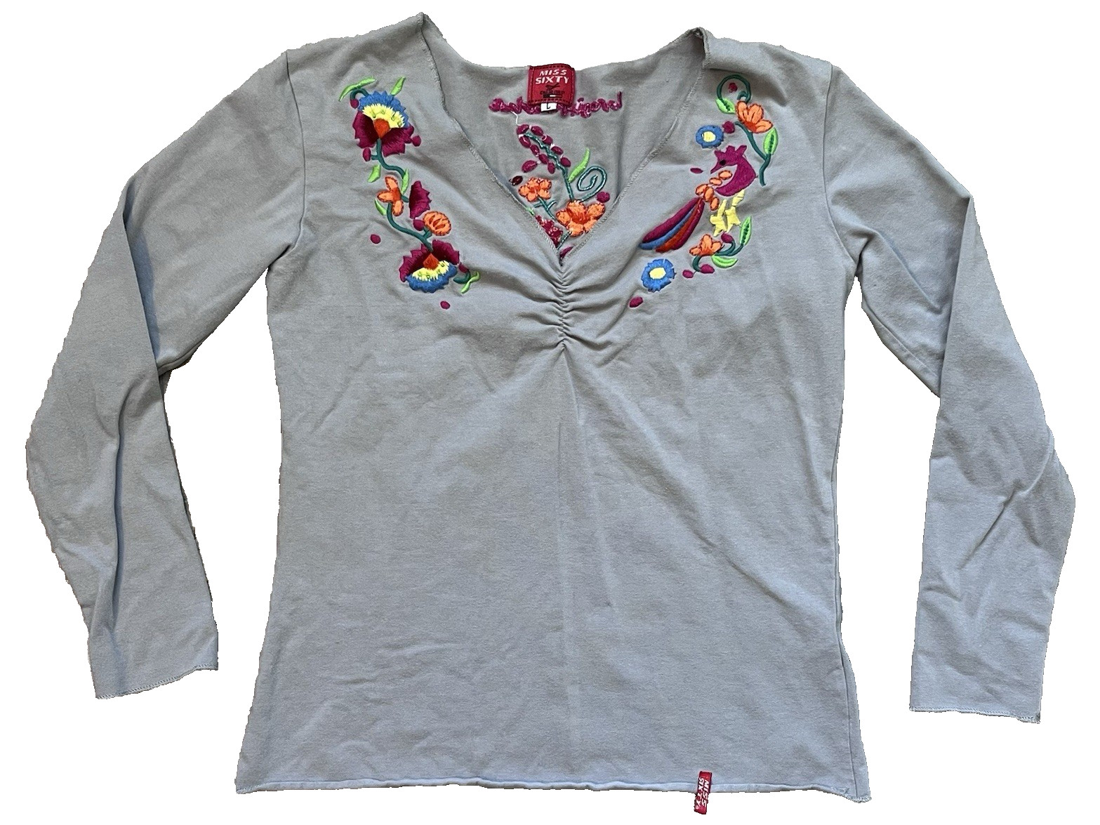 Miss Sixty Y2K Women’s Gray Long Sleeve Embroidered Top Size L Made in Italy