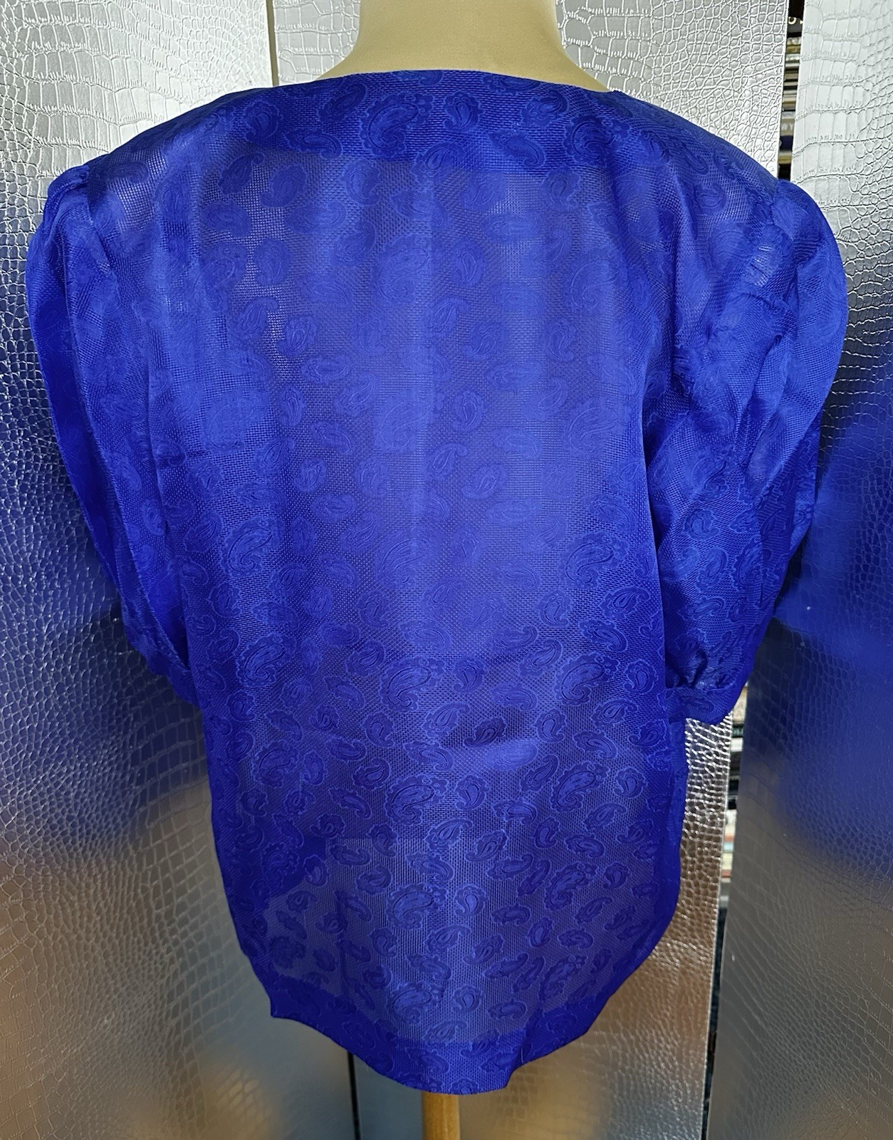 Givenchy Glamour Vintage Royal Blue Paisley Puffed Sleeves Blouse Size 13 Japan