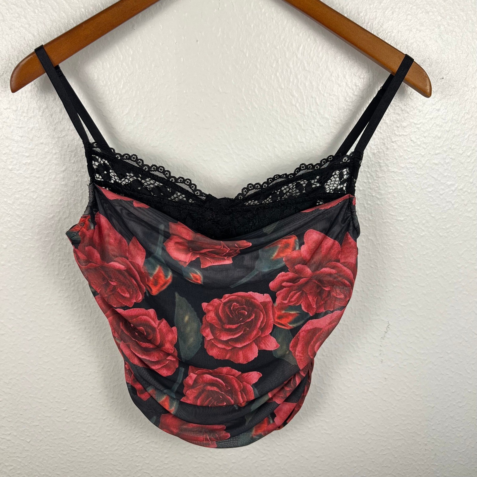 Mesh Lace Trim Cami Top Medium Fairy Grunge Y2K Ruched Rose Print Goth Victorian