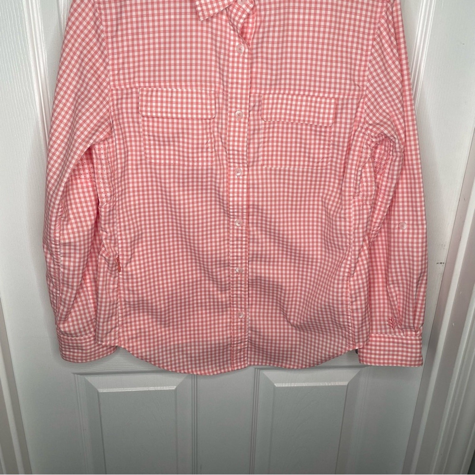 Coolibar Mylitta Travel Shirt UPF 50+ Beach Vacation in Pink/White Gingham XS