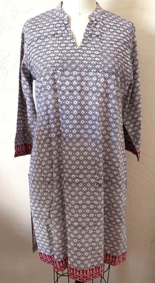 Fabindia Women’s Sz L Geometric Print Cotton Kurta Tunic Top Black White Red