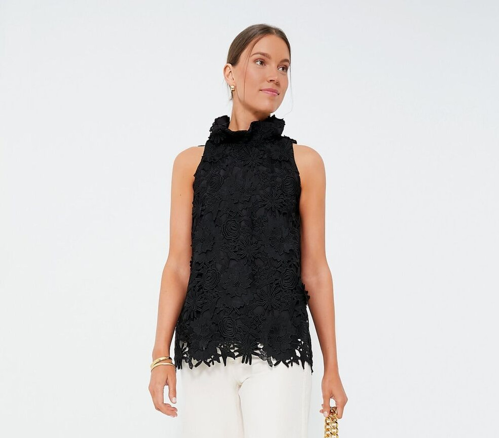 Tuckernuck Black Guipure Lace Mason Blouse sz XS Sleeveless Top Ruffle Bow Tie
