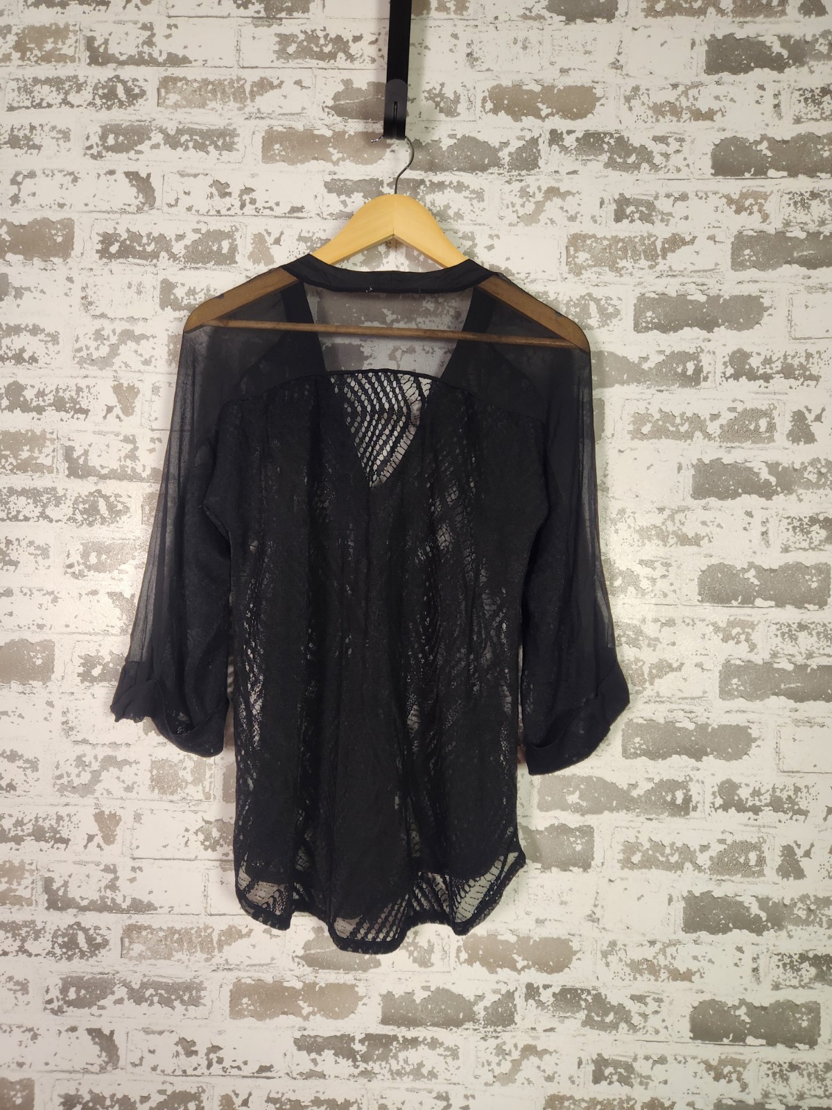 Gothic Witchy Sheer Lace Button Down Shirt Medium Black Edgy Boho Silk Blend