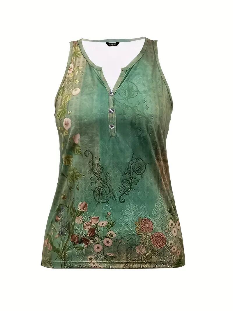 Floral Print Tank Top Casual Notch Neck Sleeveless Top Women Green Clothing New