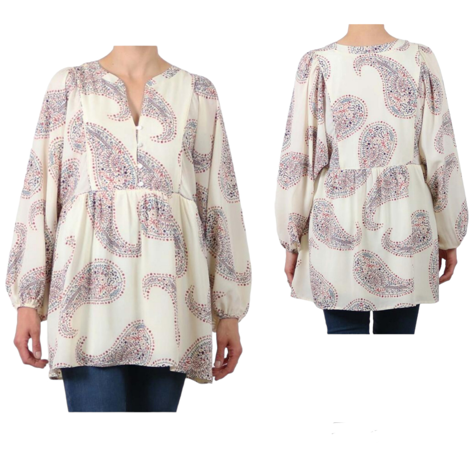 Cal Style Womens White Paisley Tunic Blouse Long Sleeve Lined Size 2XL NWT