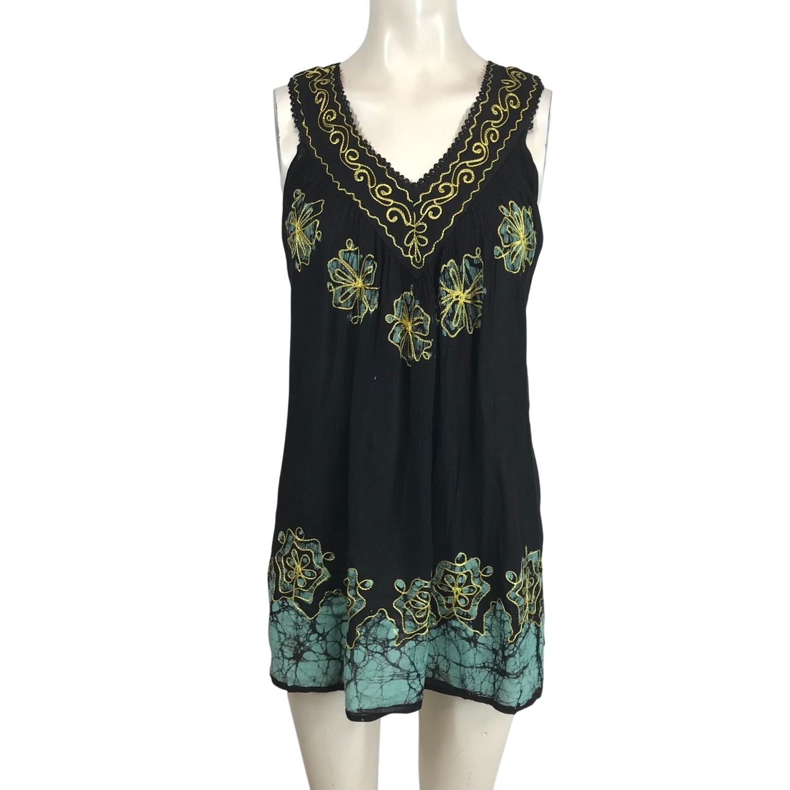 SAKKAS – WOMEN’S FREE SIZE – BLACK/MINT SLEEVELESS V NECK 100% COTTON TOP
