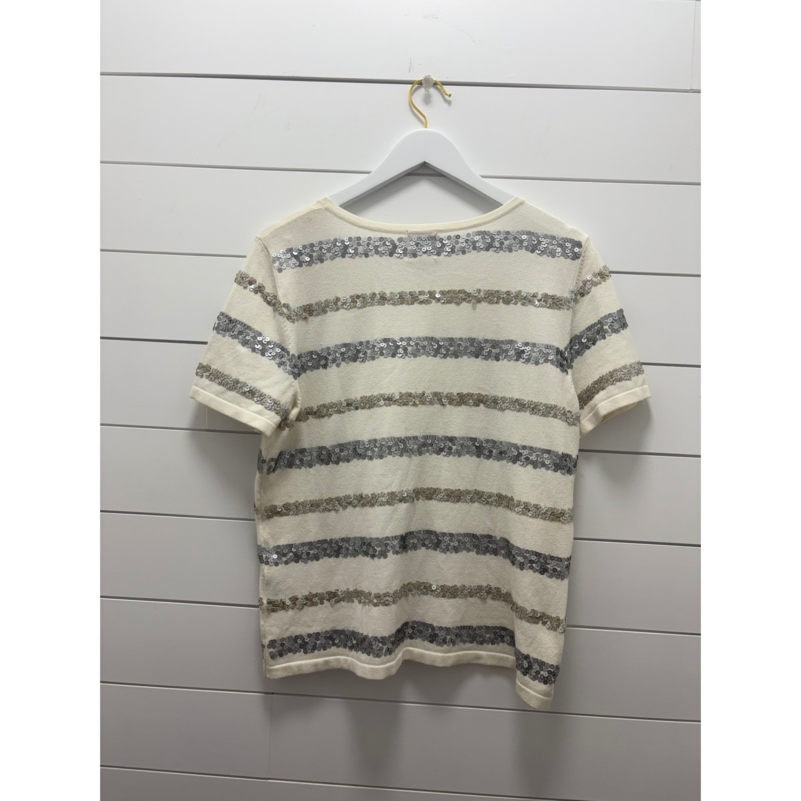 Ruby Rd. T-Shirt Women Large White Striped Sequin Short Sleeve Round Neck Top