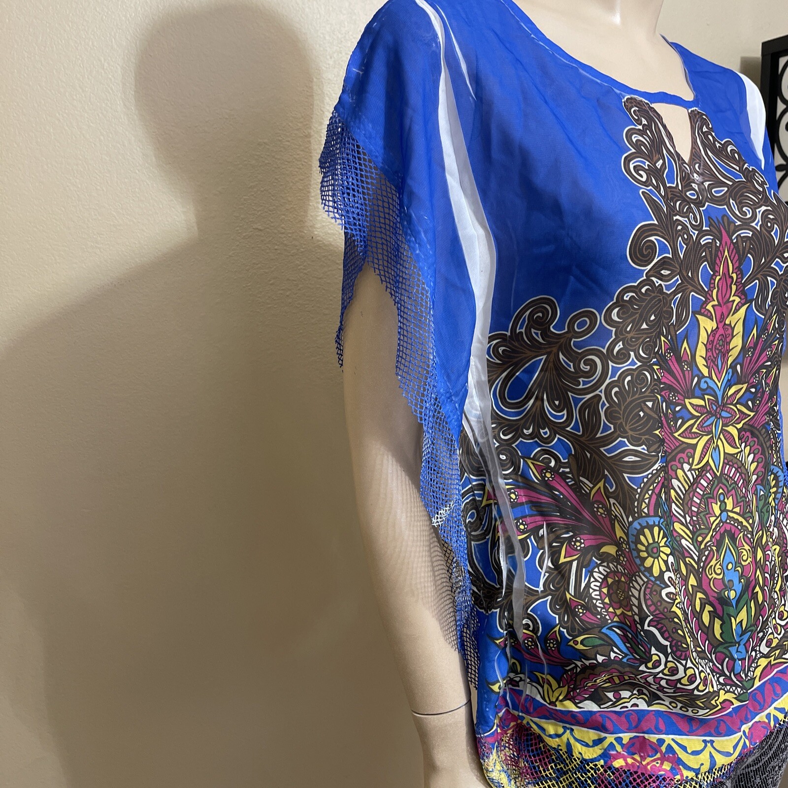 Women’s Blue Multicolour Polyester Relaxed Lace Lightweight Size L Top Blouse