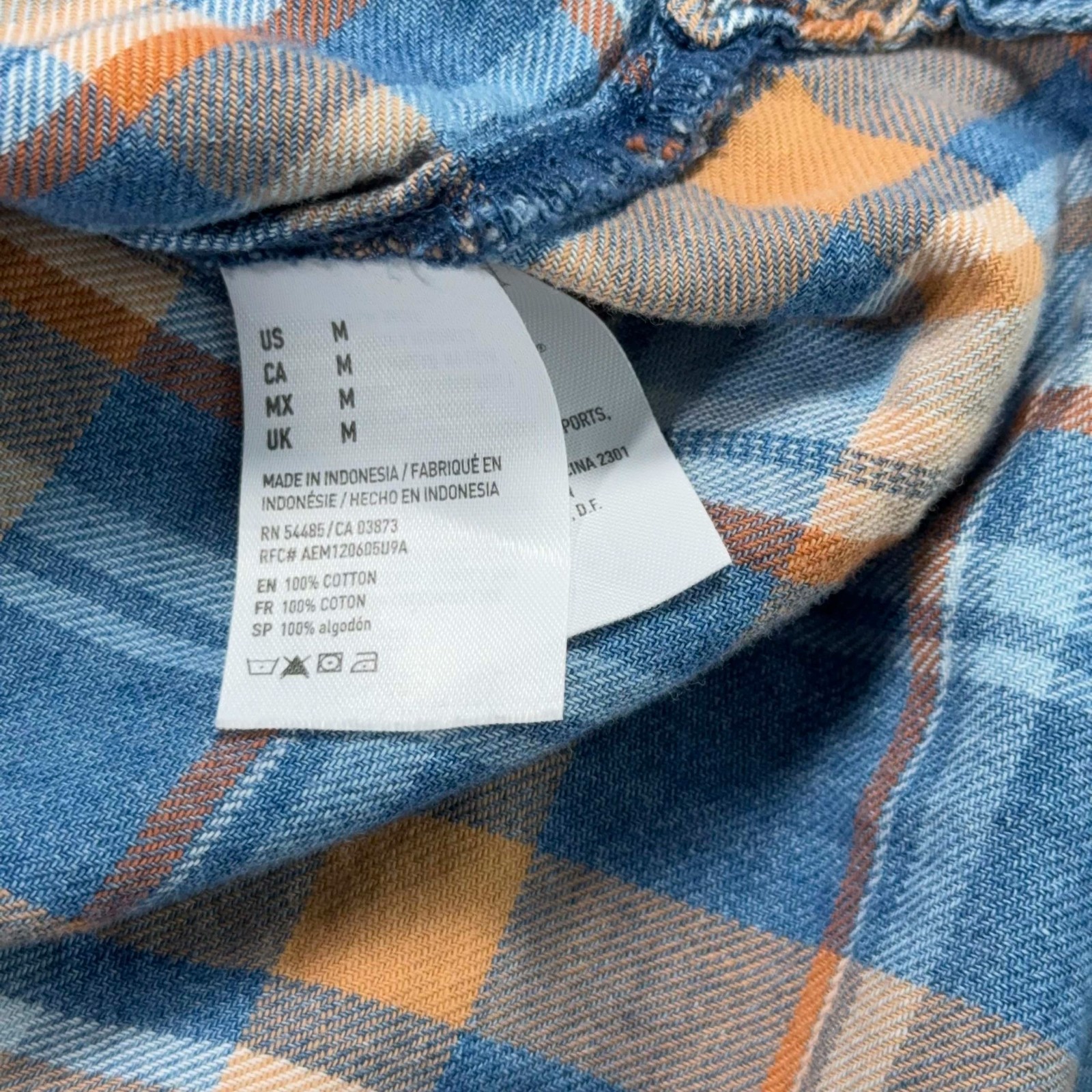 American Eagle Flannel Pearl Snap Shirt Womens M Blue Orange Plaid Boyfriend Fit