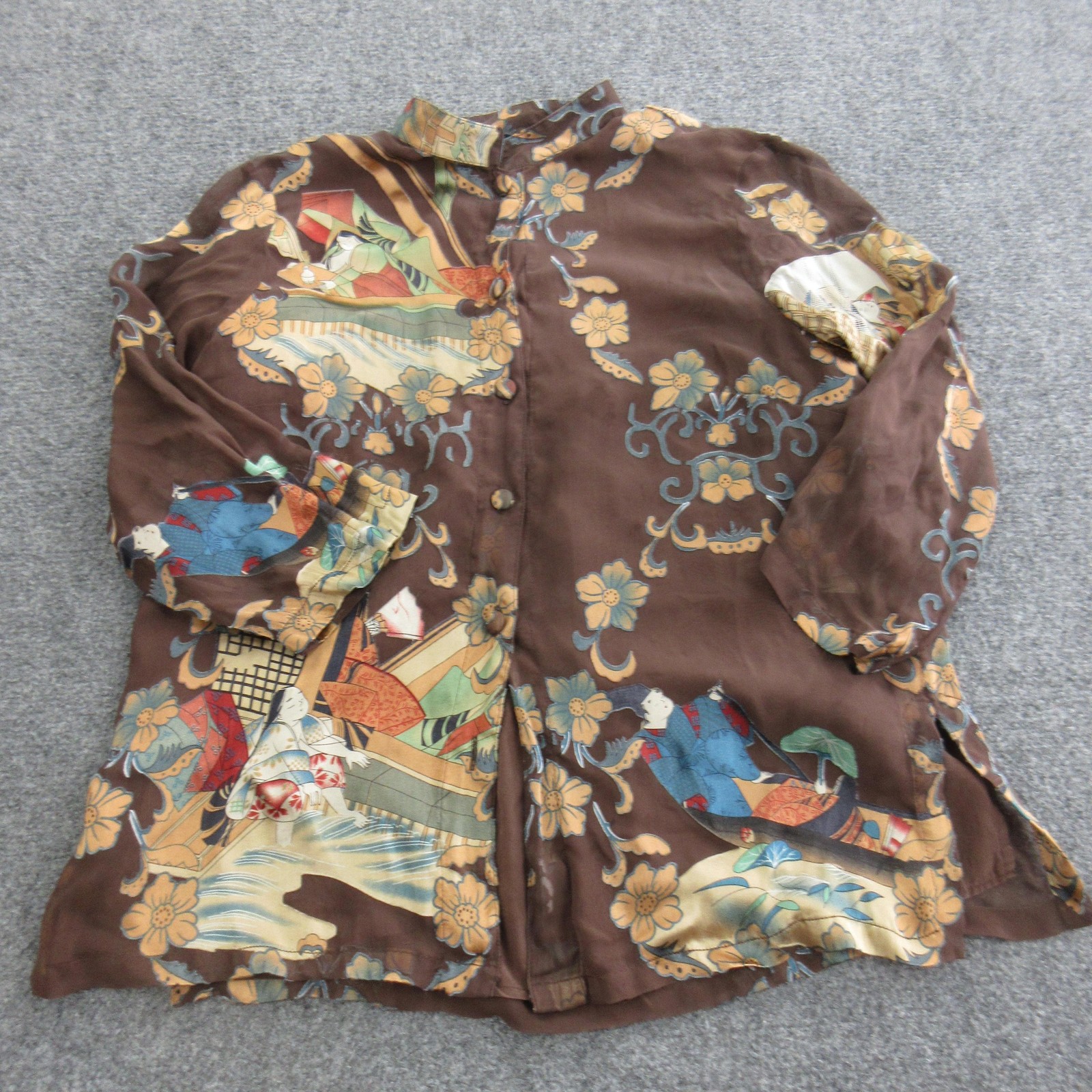 Citron Santa Monica Blouse Womens S Brown Floral Silk Rayon Tunic Top Print