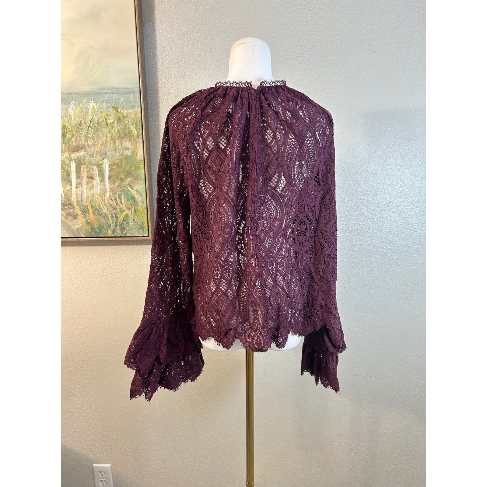 Plum Burgundy Lace Ruffle Bell Sleeve Boho Blouse Sheer Romantic Top