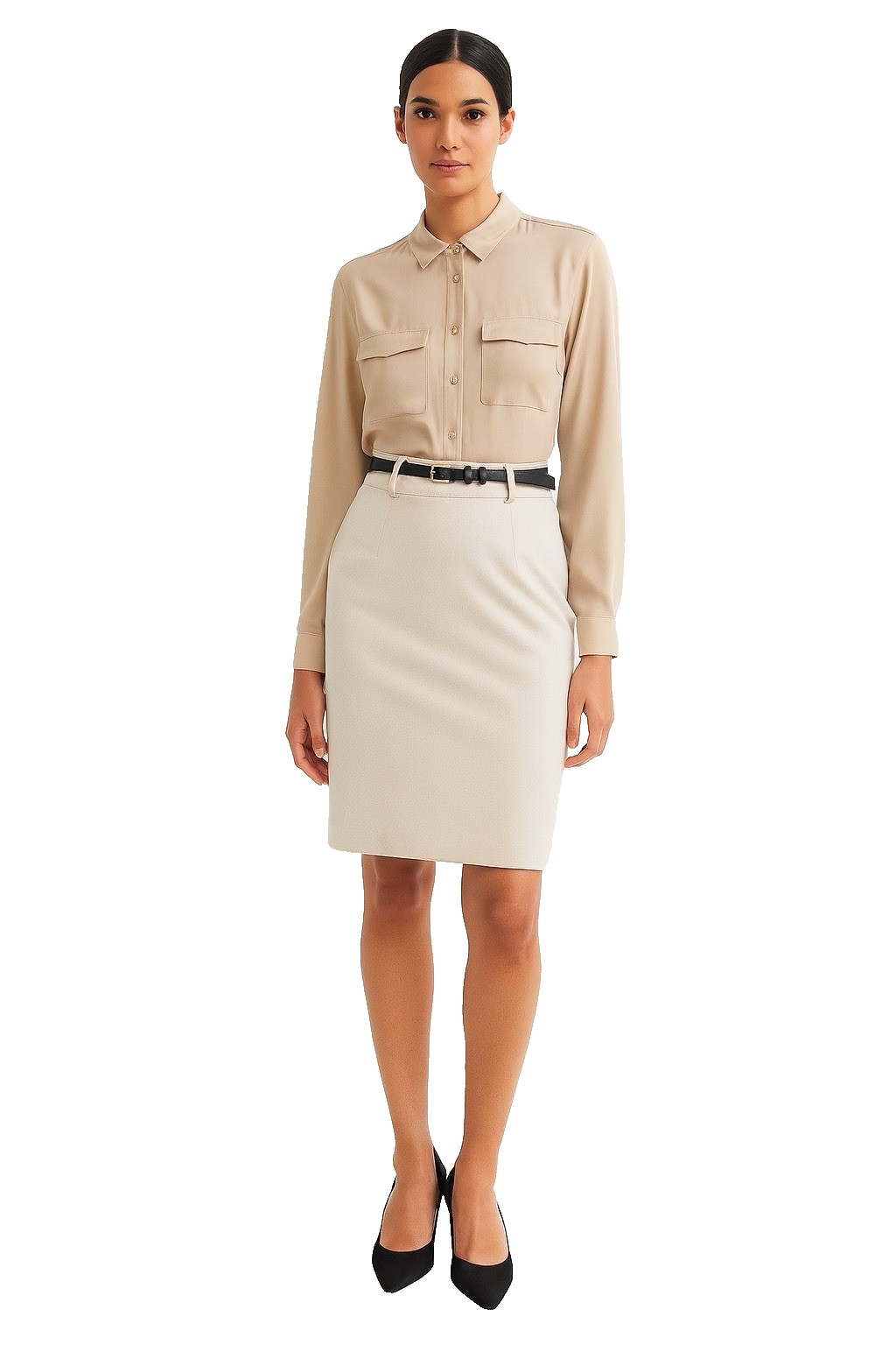 Premise Beige Blouse Machine Wash Pockets Button Front Classic NWT Sz M