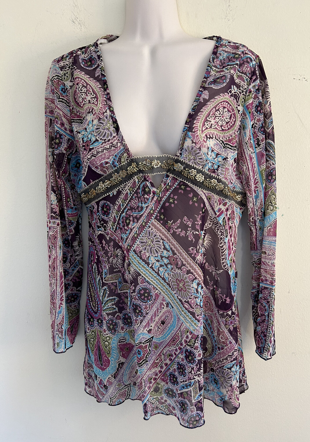 Mixit Petite Women’s Purple Aqua Sheer Tunic Beaded Boho Festival Deep V Size M