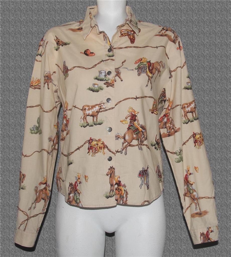 VTG Panhandle Slim Western Cowgirl Rodeo Horses Bulls Saddles Shirt Wm’s M