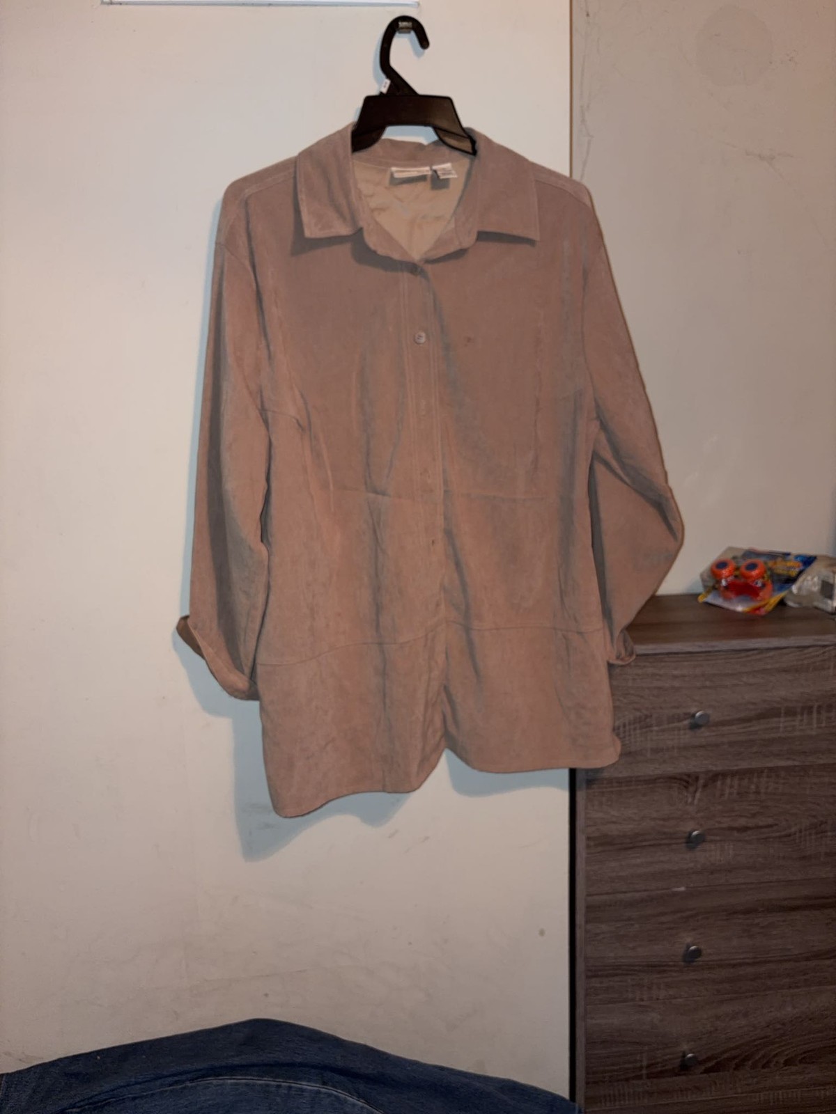 Croft Barrow Woman 3X Faux Suede Button Down Shirt Camel Tan Stretch Plus Size