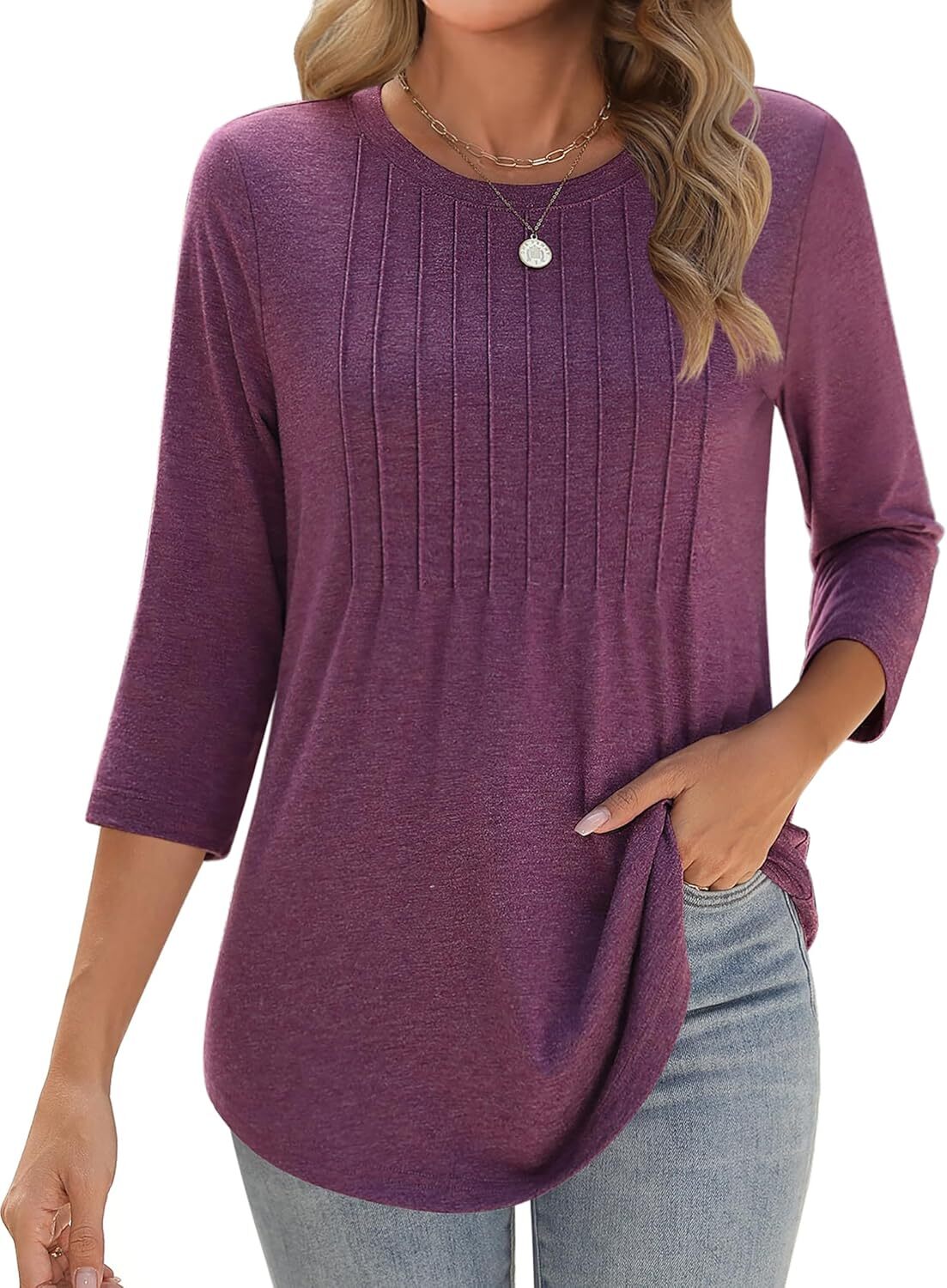 Womens 3/4 Sleeve Tunic Top Loose Fit Pleated Crew Neck Summer Casual Blouse