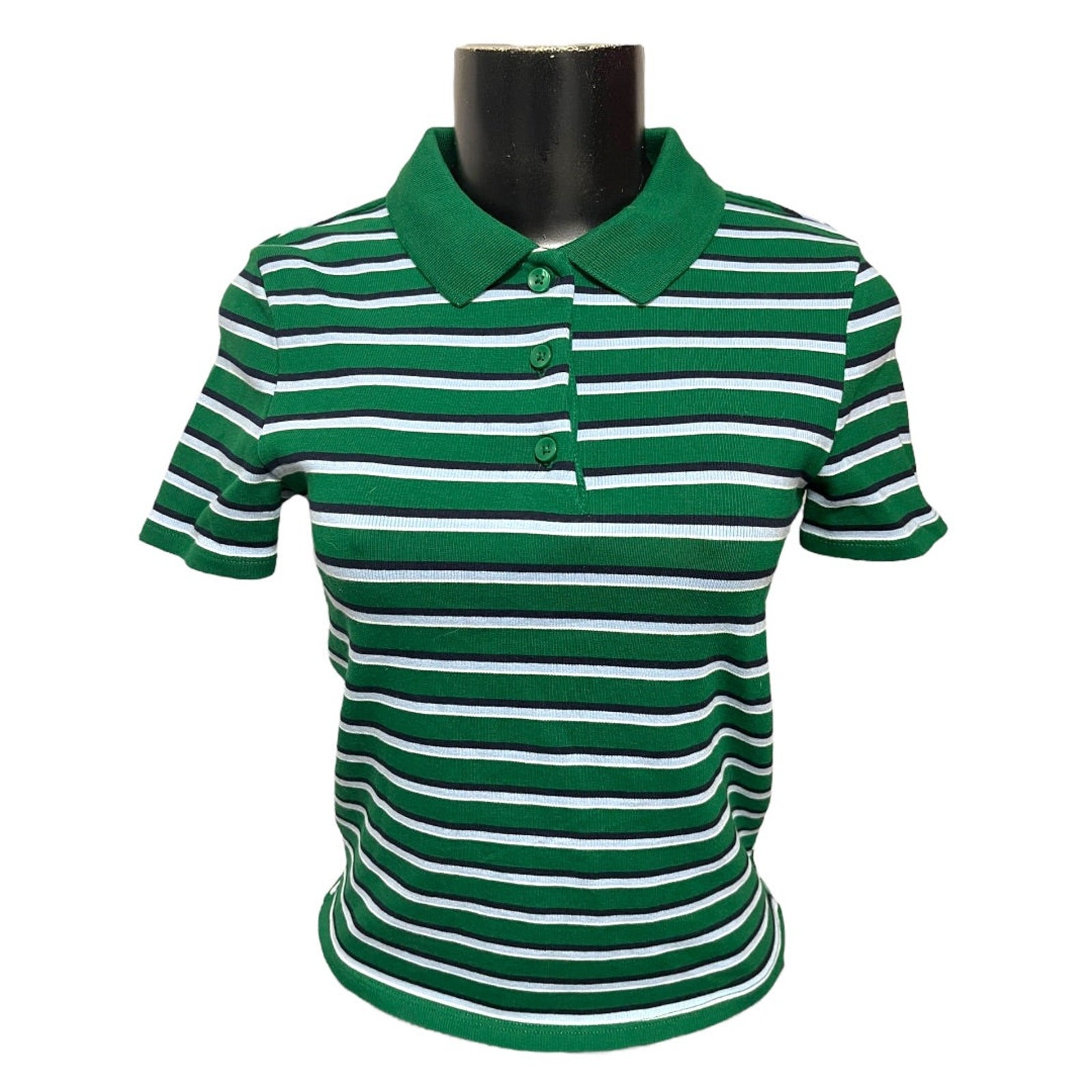 Medium Zara Womens Fitted Waist Length Striped Polo Shirt Green