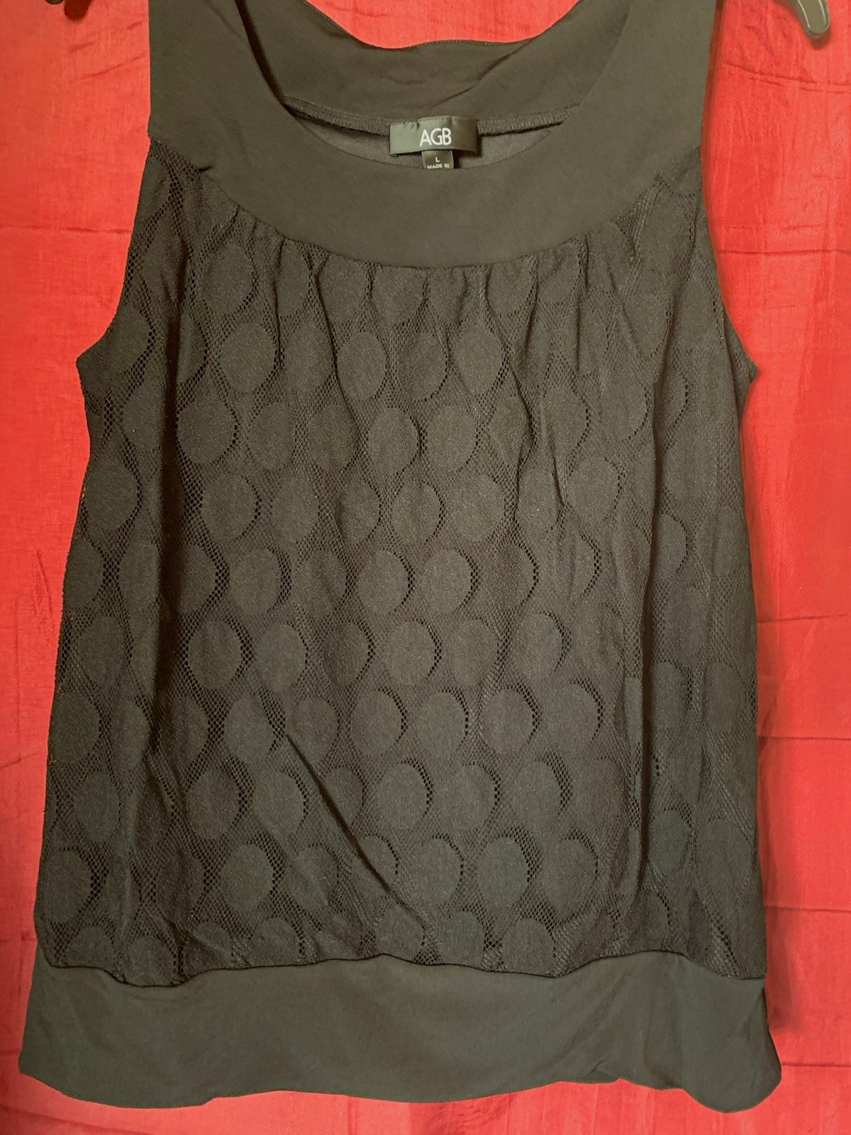 AGB Women’s L Black Polka Dot Mesh Scoop Neck Sleeveless Pullover Tank Top