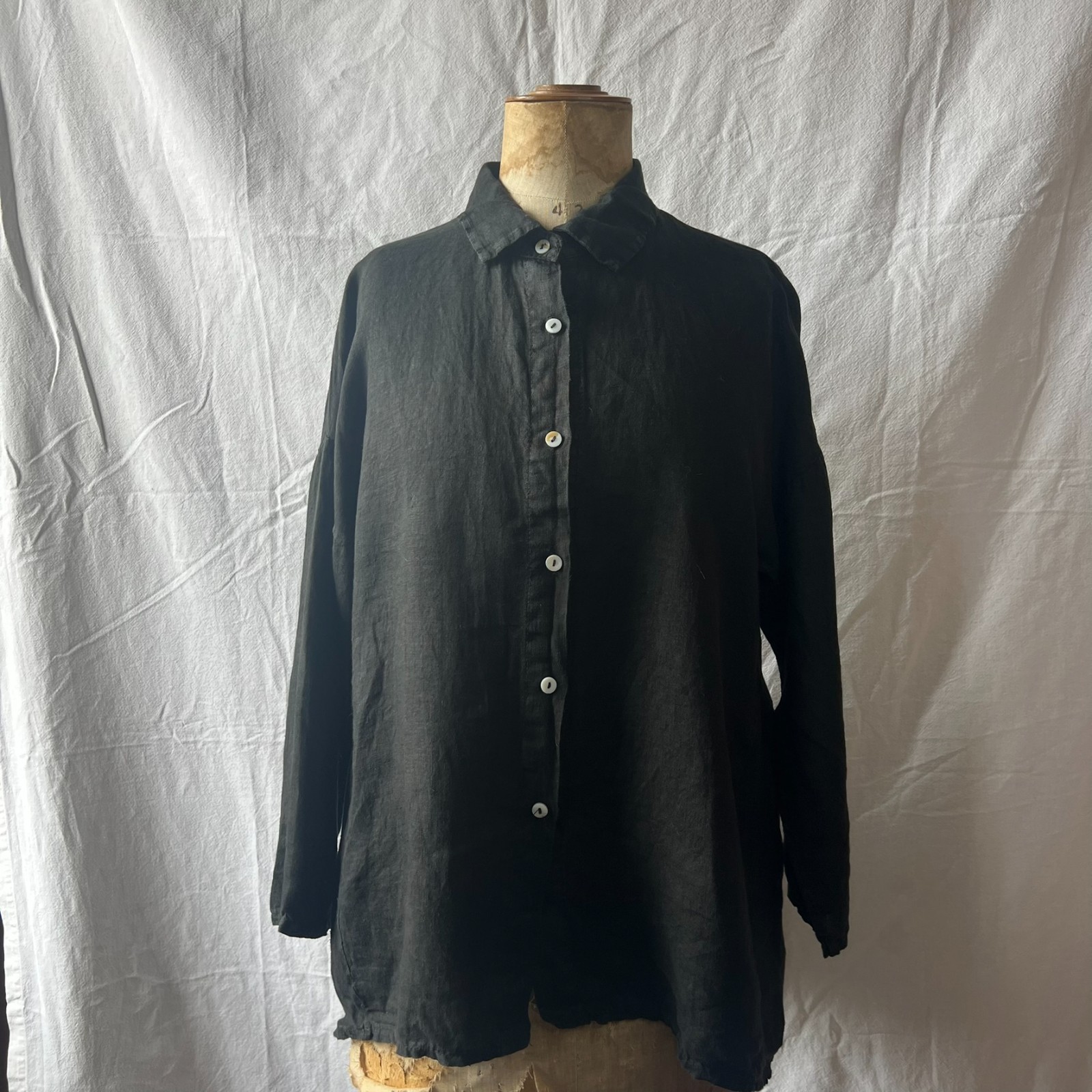 Made in Italy Relaxed Black Linen Shirt Oversized Button Down Tunic Top O/S