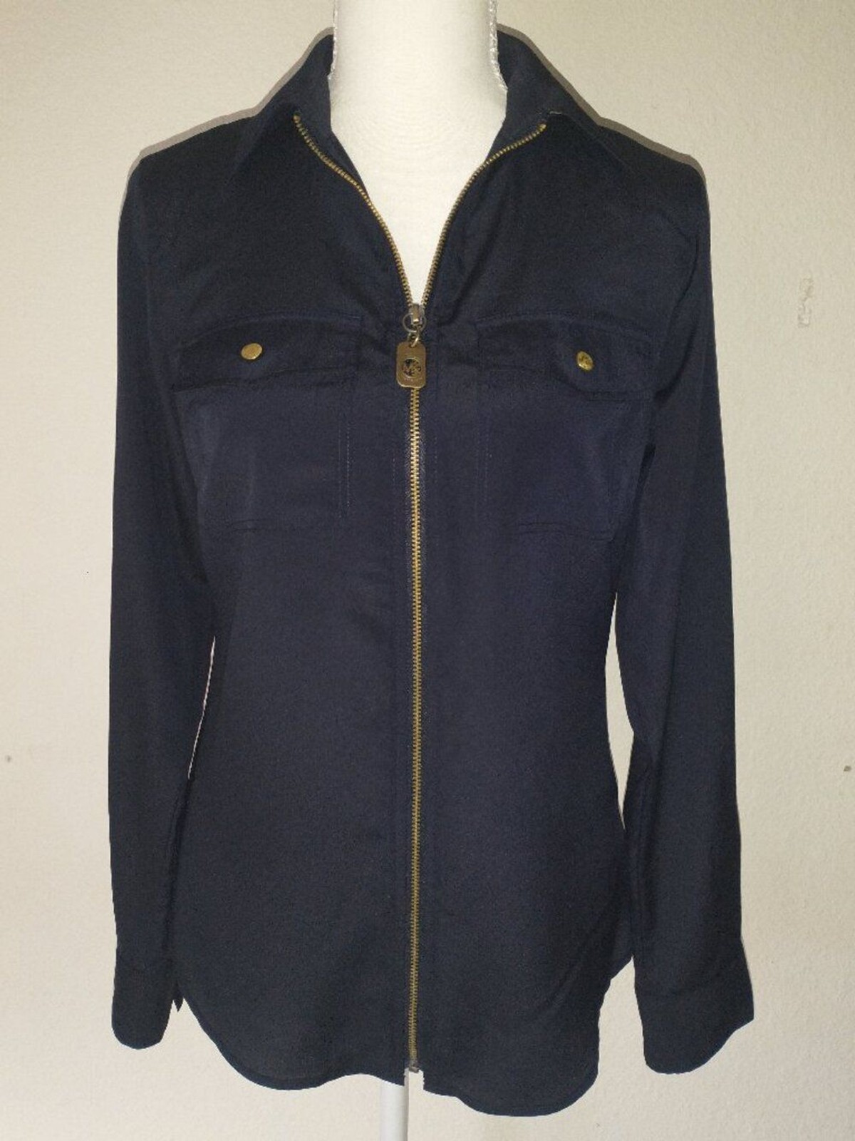 MICHAEL Michael Kors Black Zip Front Utility Blouse Roll Tab Sleeve Workwear