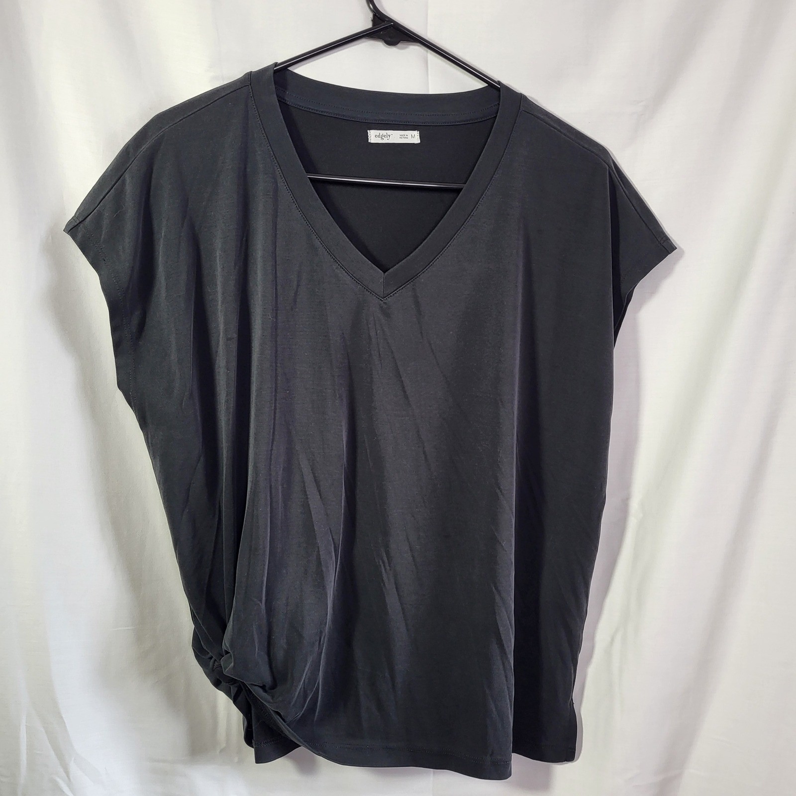 Edgely Black Side Knot V-Neck Top Womens Medium Modal Blend Cap Sleeve Tee
