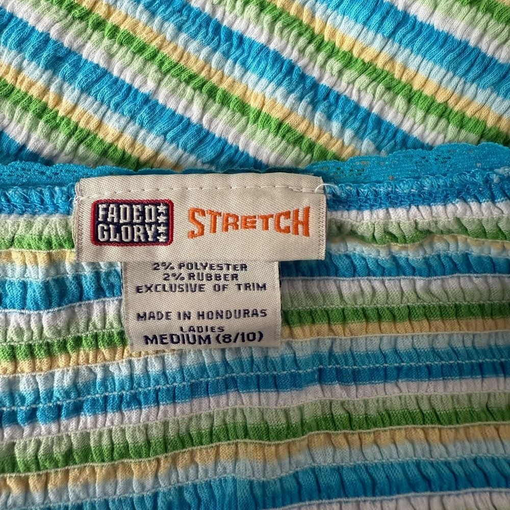 Vintage Faded Glory Top Size M 8/10 Stretch Green Stripe Ruffle Smocked y2K BOHO
